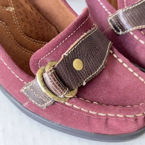 Womens Loafer Shoes Burgundy Suede Pumps Brown Strap Buckle Sz 7 7M - Picture 8 of 13